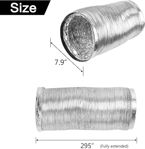 Miniatura 2 de Manguera de ventilación de secadora flexible de 8 pulgadas, conductos de aluminio de 25 pies de largo con 2 abrazaderas de conducto, protección de