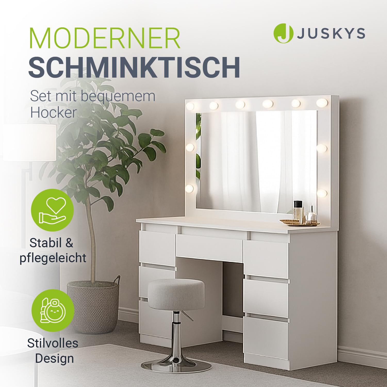 Juskys Schminktisch Lilia mit LED-Spiegel & Hocker Tonia, individuelle Lichteinstellung, 7 Schubladen, viel Stauraum, modernes Design, kompakt & pflegeleicht — Weiß