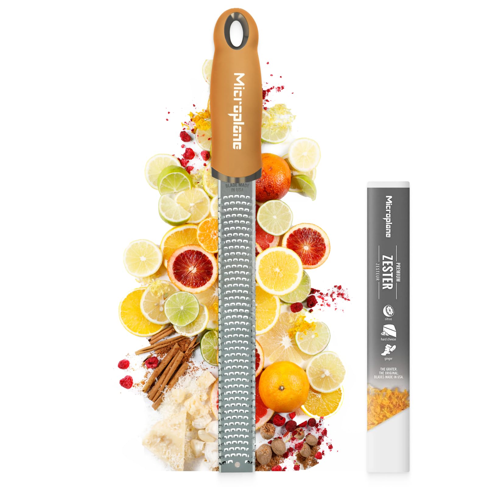 Microplane Zester Grater in Mustard Yellow for Citrus Fruits, Hard Cheese, Ginger, Chocolate and Nutmeg with Fine Stainless Steel Blade - Made in USA