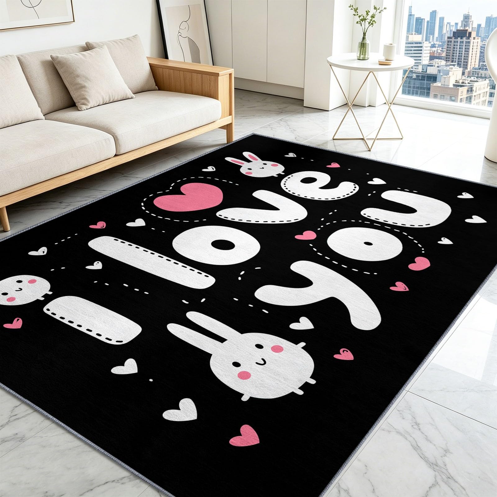 Tappeto lavabile, 80 x 150 cm, con coniglietto bianco, cuore, amore, per cameretta dei bambini, antiscivolo, a pelo corto, facile da pulire, per soggiorno, camera da letto, corridoio, cucina