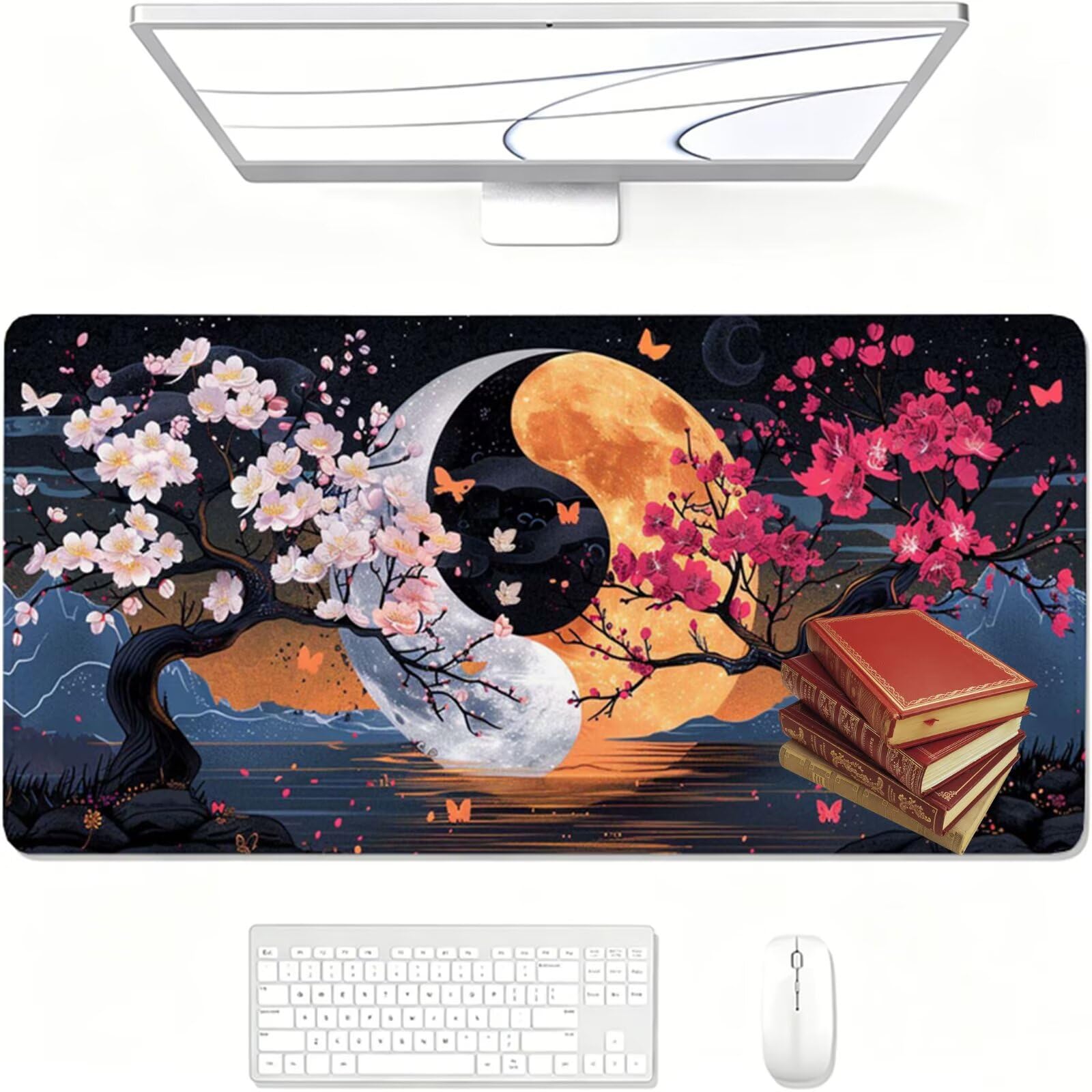 Podkładka pod mysz, 1500 x 800 x 3 mm, czarna podkładka pod mysz, duża podkładka pod mysz do gier z kwiatami wiśni, wodoodporna, teksturowana, odporna na zużycie, zmywalna, dla graczy, domu i biura XF