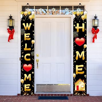 Welcome Home Decoration, Black Gold Door Banner Porch Sign