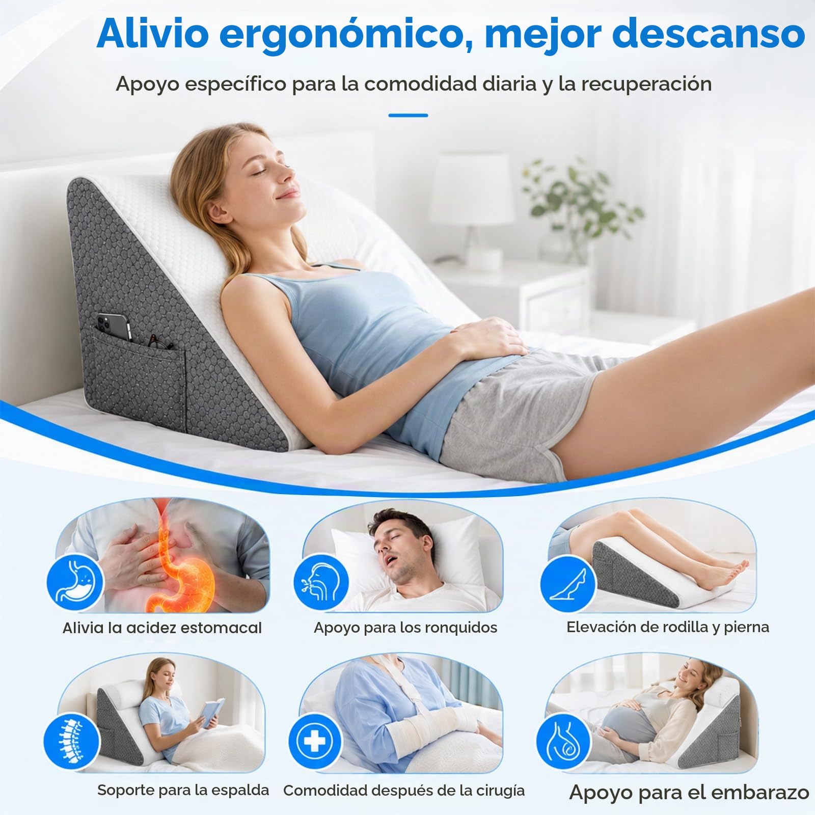 Cojín de Cama, Espuma viscoelástica, cojín Triangular | cojín inclinado con soporte para el cuello,funda lavable,reposapiés para el cuello,pierna, espalda,dormir,sentarse