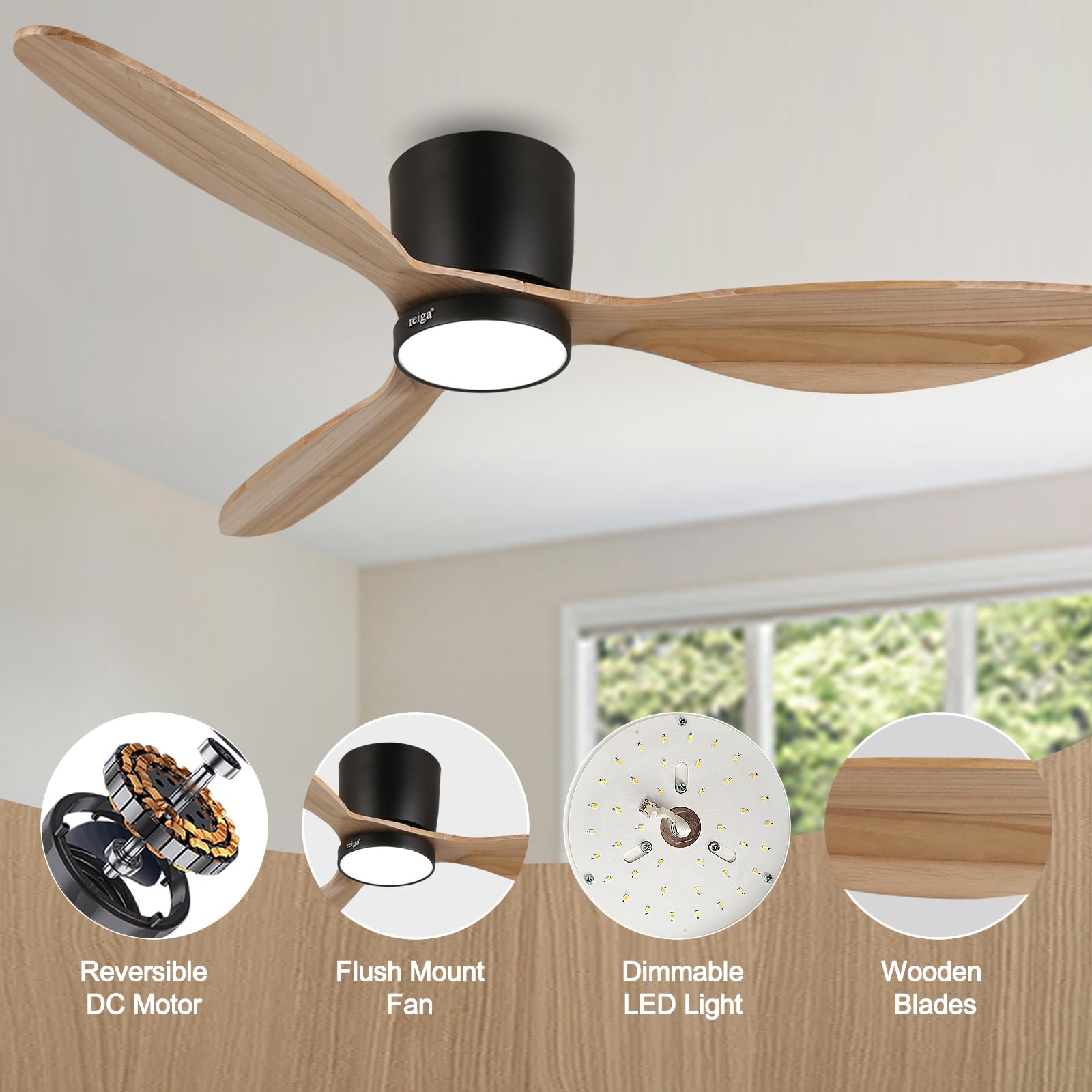reiga 132 cm zwarte plafondventilator met lampen en afstandsbediening, dimbaar ledlicht met 3 kleurtemperaturen, stille motor, 3 zwarte vleugels, modern, voor binnen en buiten
