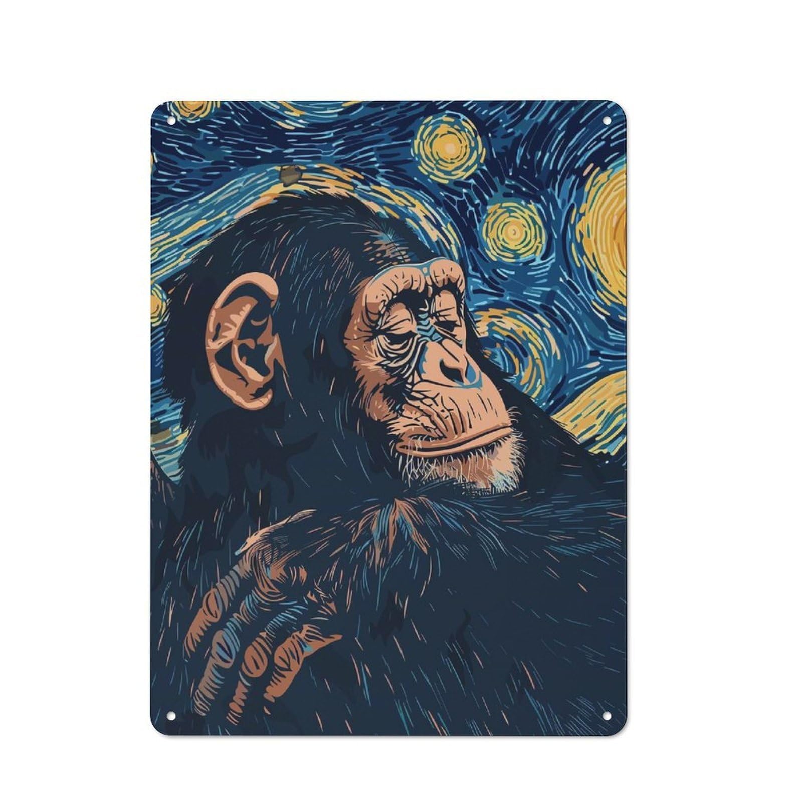 Chimpanzee in Starry Night Style Retro-style Metal Plaque 40x30cm for Garage Or Workshop, for Garage, Workshop And Man Cave Decoration