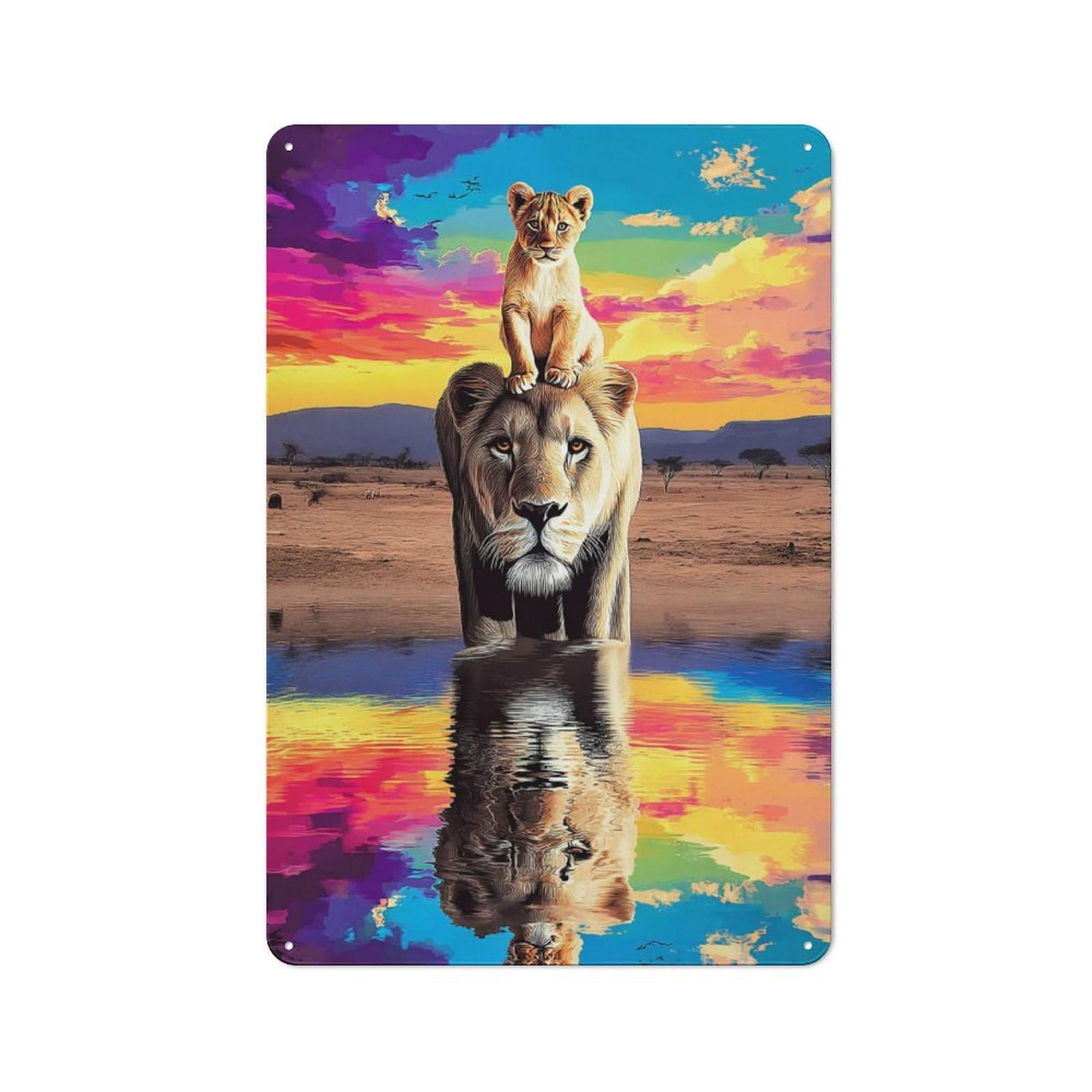 Junmoney Lioness And Cub Reflection Tin Wall Sign With Design 30X20cm, Classic Diner Style Decor For Bakery, Diner, Cafe Or Family Room
