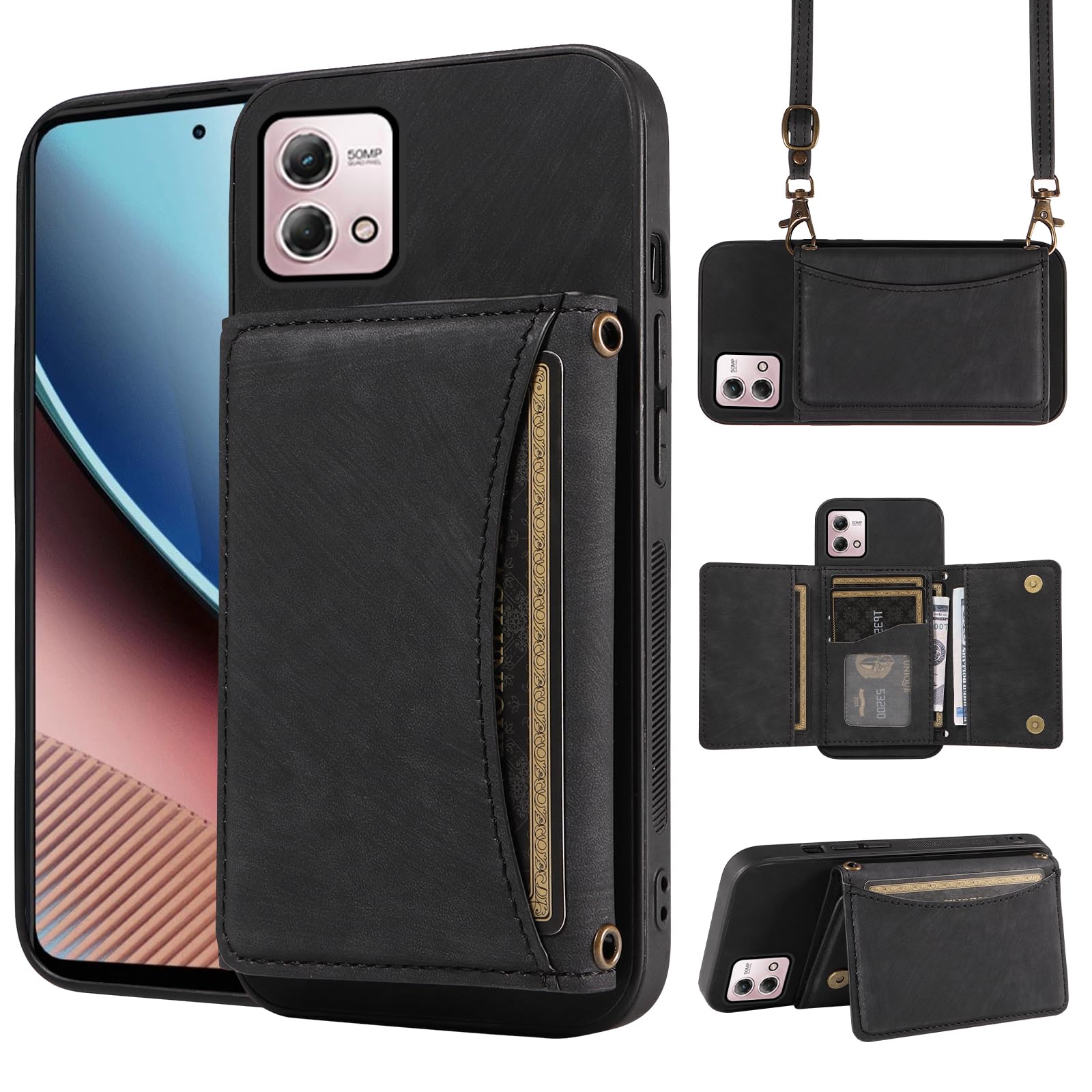 Phone Case for Motorola Moto G Stylus 4G 2023 Wallet Cover with Crossbody Shoulder Strap, PU Leather Credit Pocket Slim Stand Cell Mobile Phone Flip