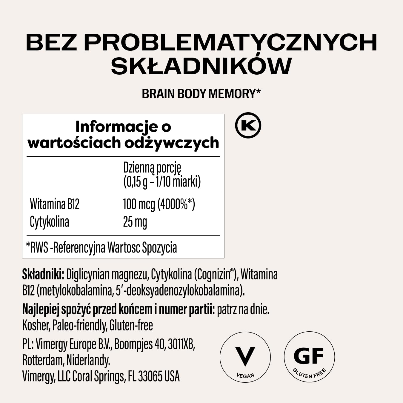 Vimergy Brain Body Memory* – 8 działań wspierających mózg – Z magnezem, cytykoliną i witaminą B12 – Czysta, szybko wchłanialna formuła – Bez GMO i glutenu