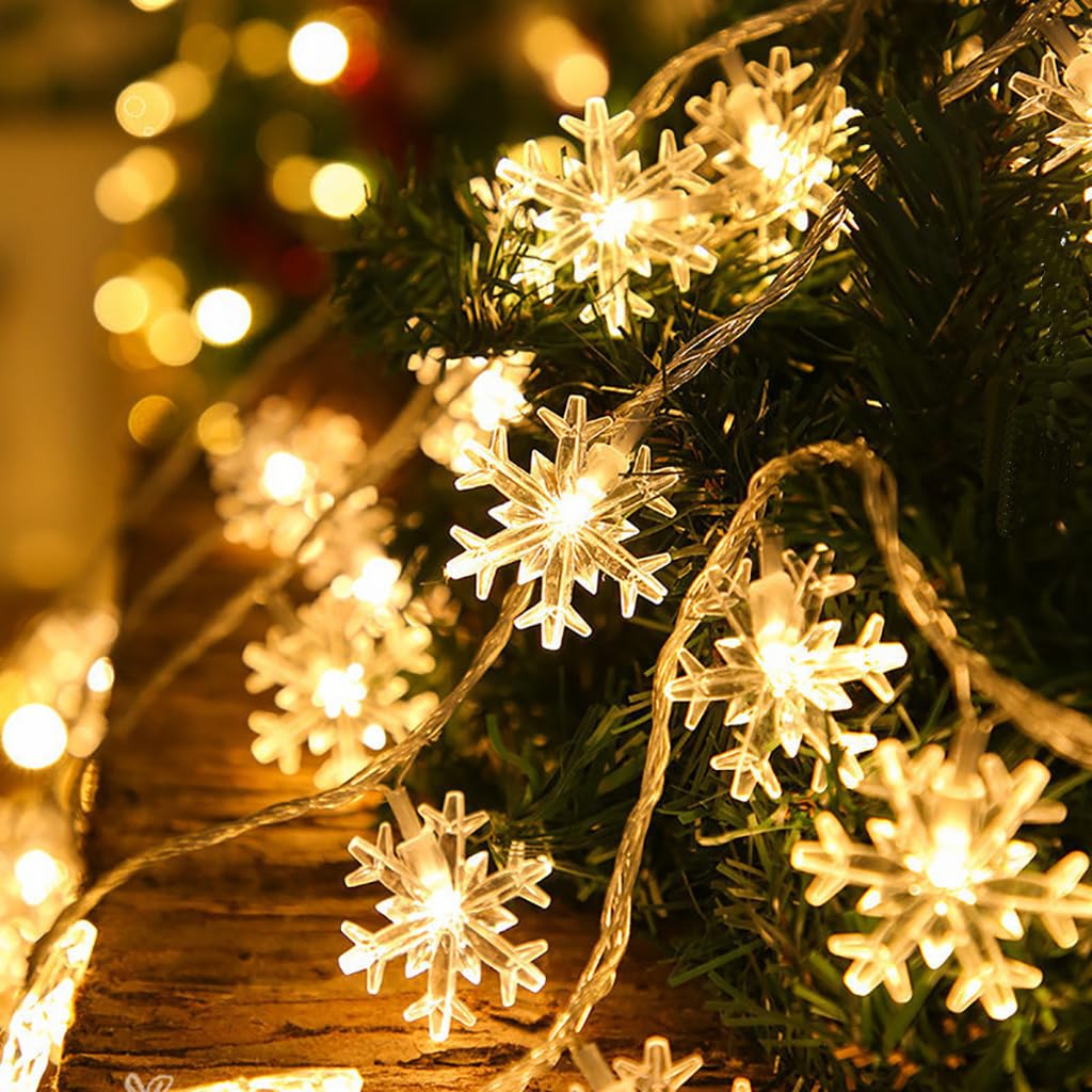 Cadena de luces de copo de nieve, cadena de luces de Navidad, batería, iluminación de Navidad, luces LED para interior y exterior, 10 m, 80 LED, luz blanca cálida, para decoración de Navidad, jardín,