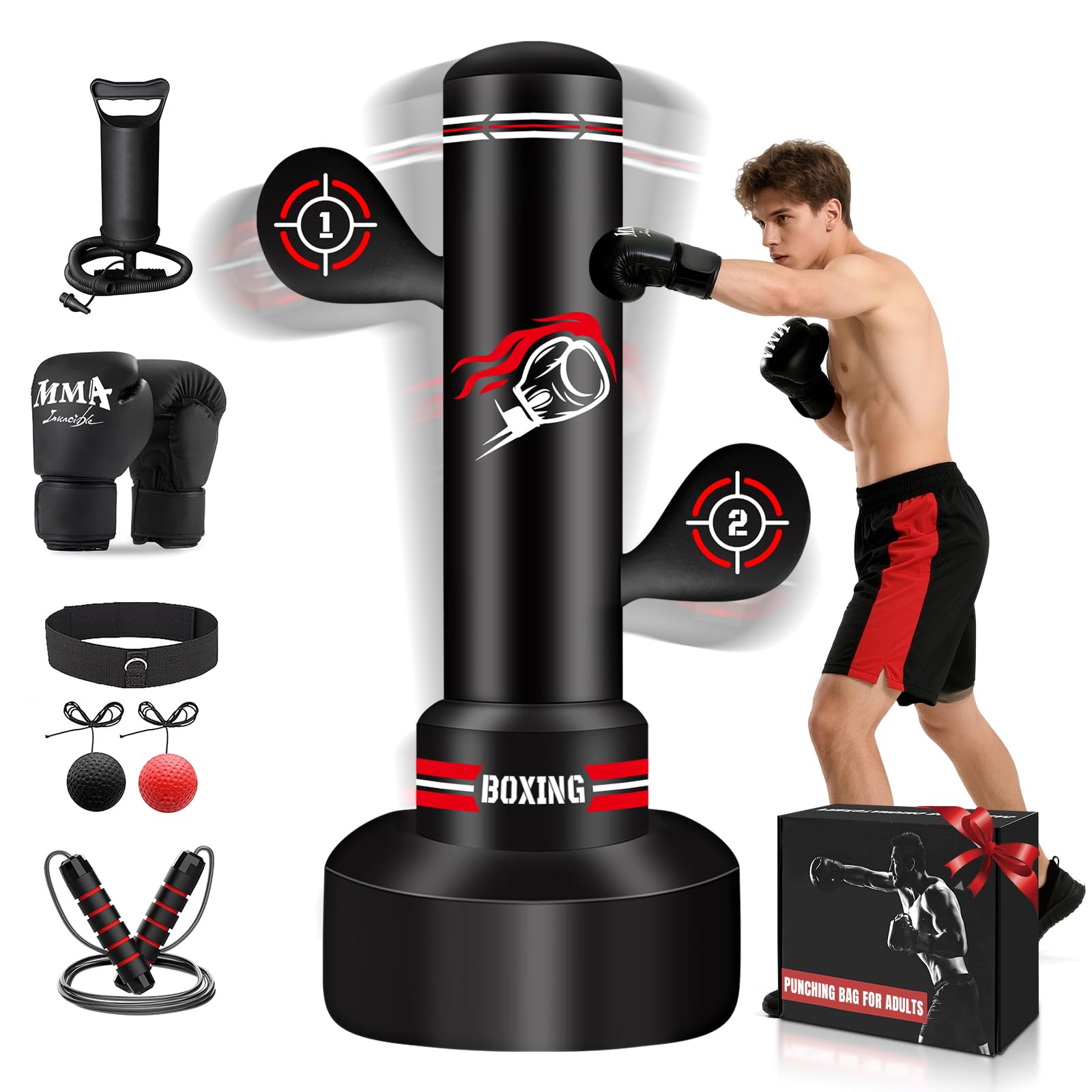 NZQXJXZ Saco de Boxeo de pie para Adultos, 180cm Saco Boxe Independiente con Guantes de Boxeo, Bomba, Cuerda para Saltar y Pelota de Reflejos, Sacos de Boxe Inflable para Entrenamiento de MMA,Fitness