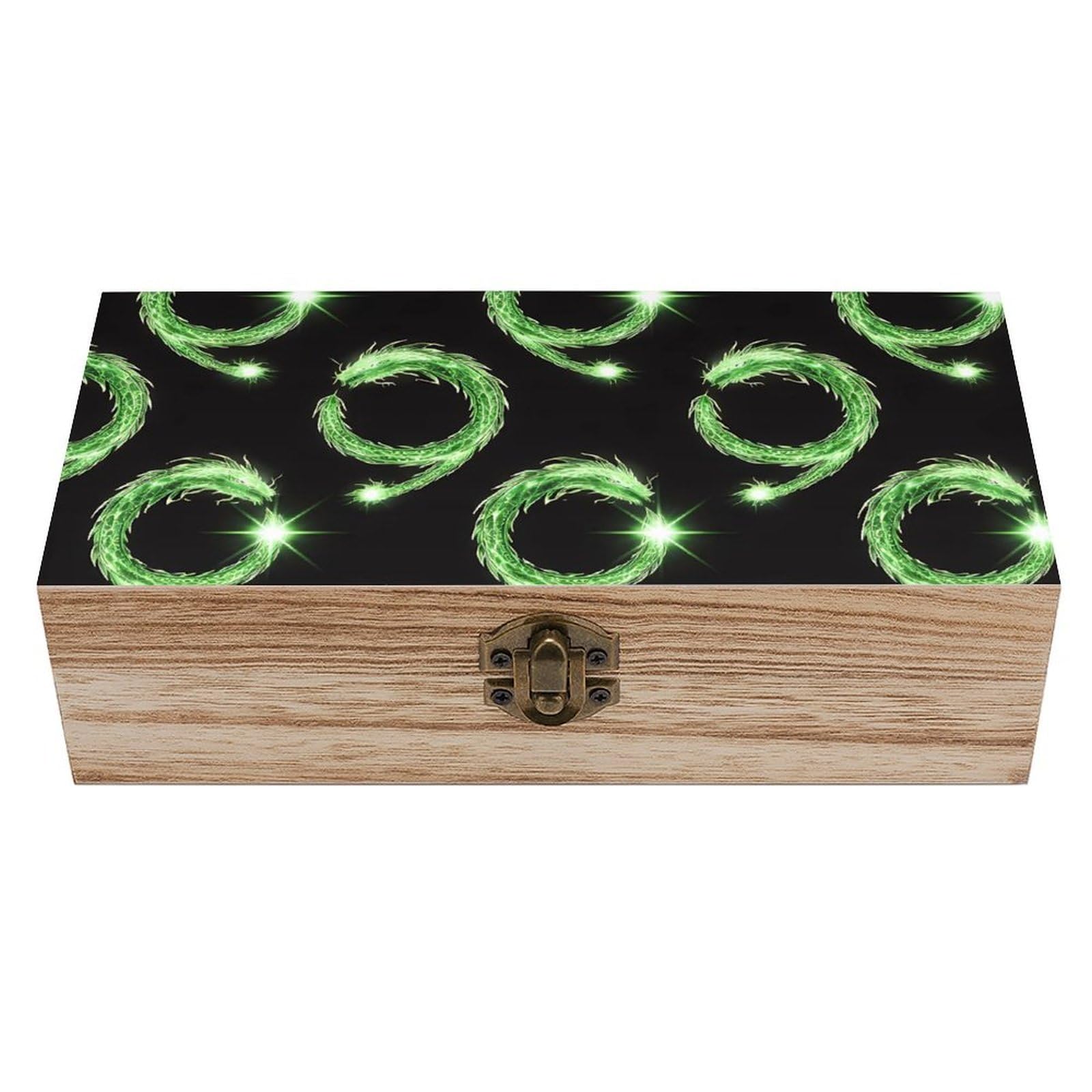 SMAZDFXX Green Fire Flame Dragon Black Art Wooden Storage Box With Hinged Lid Decorative Front Clasp Keepsake Boxes