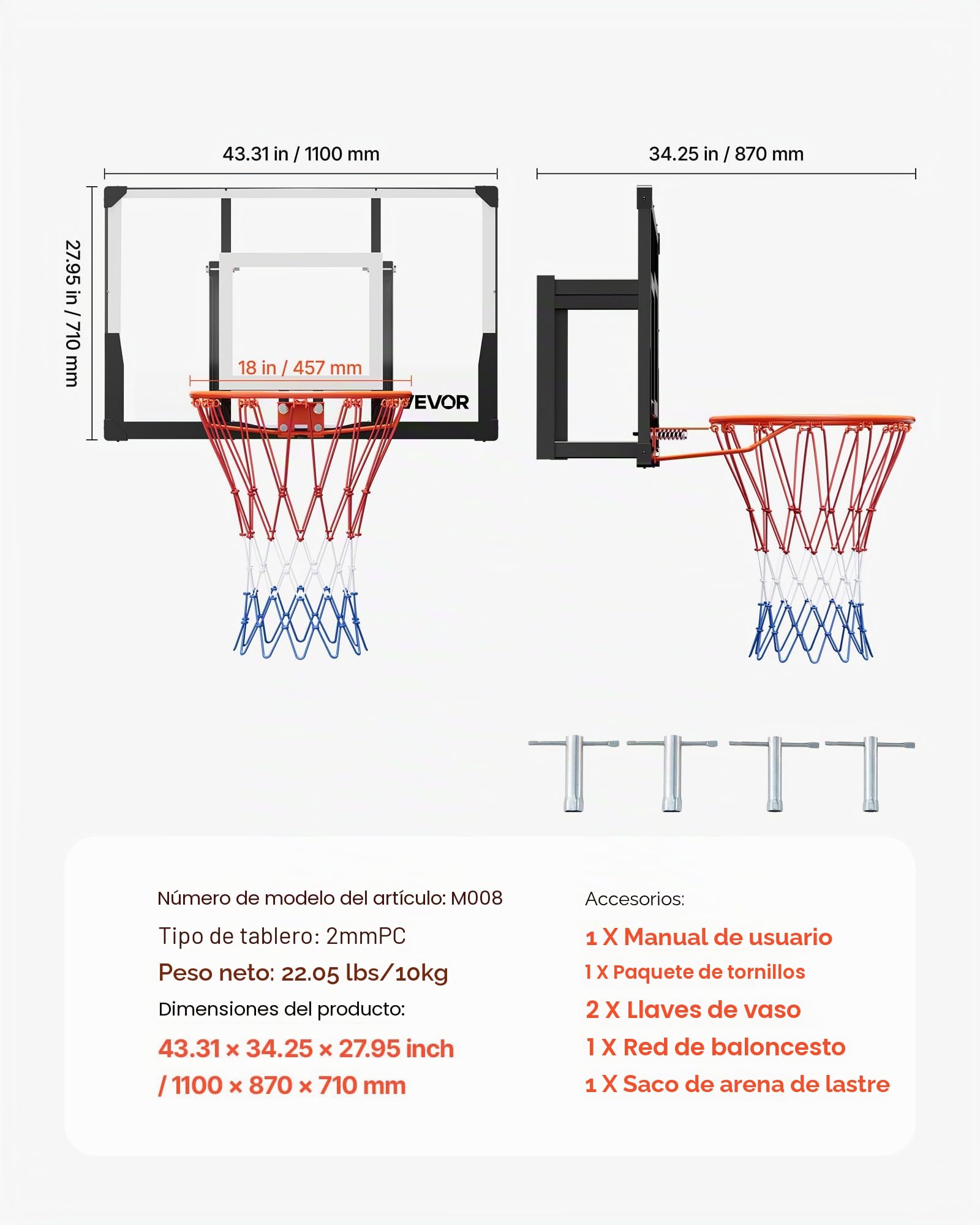 VEVOR Aro de Baloncesto, Montaje en Pared, con Tablero de Policarbonato de 1117,6 mm y 2 mm de Grosor, Red de Baloncesto de Nailon Tejido Reforzado, Ideal para Un Juego Profesional y Divertido