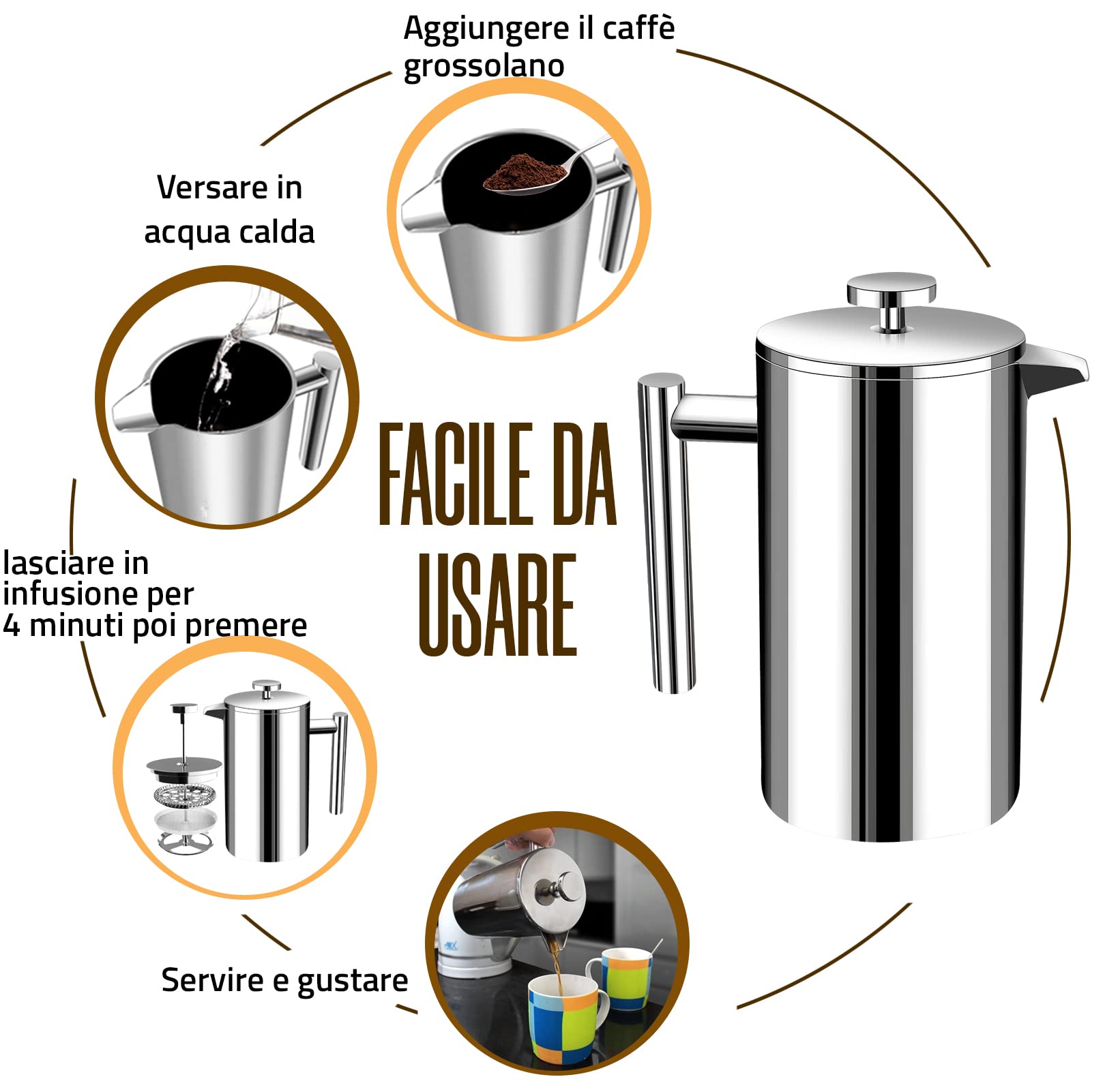 KICHLY Caffettiera a pistone in acciaio inox, macchina per caffè espresso e tè con triplo filtro, vetro resistente al calore con pistone in acciaio, caffettiera portatile, 34 oz (1,0 litri), argento