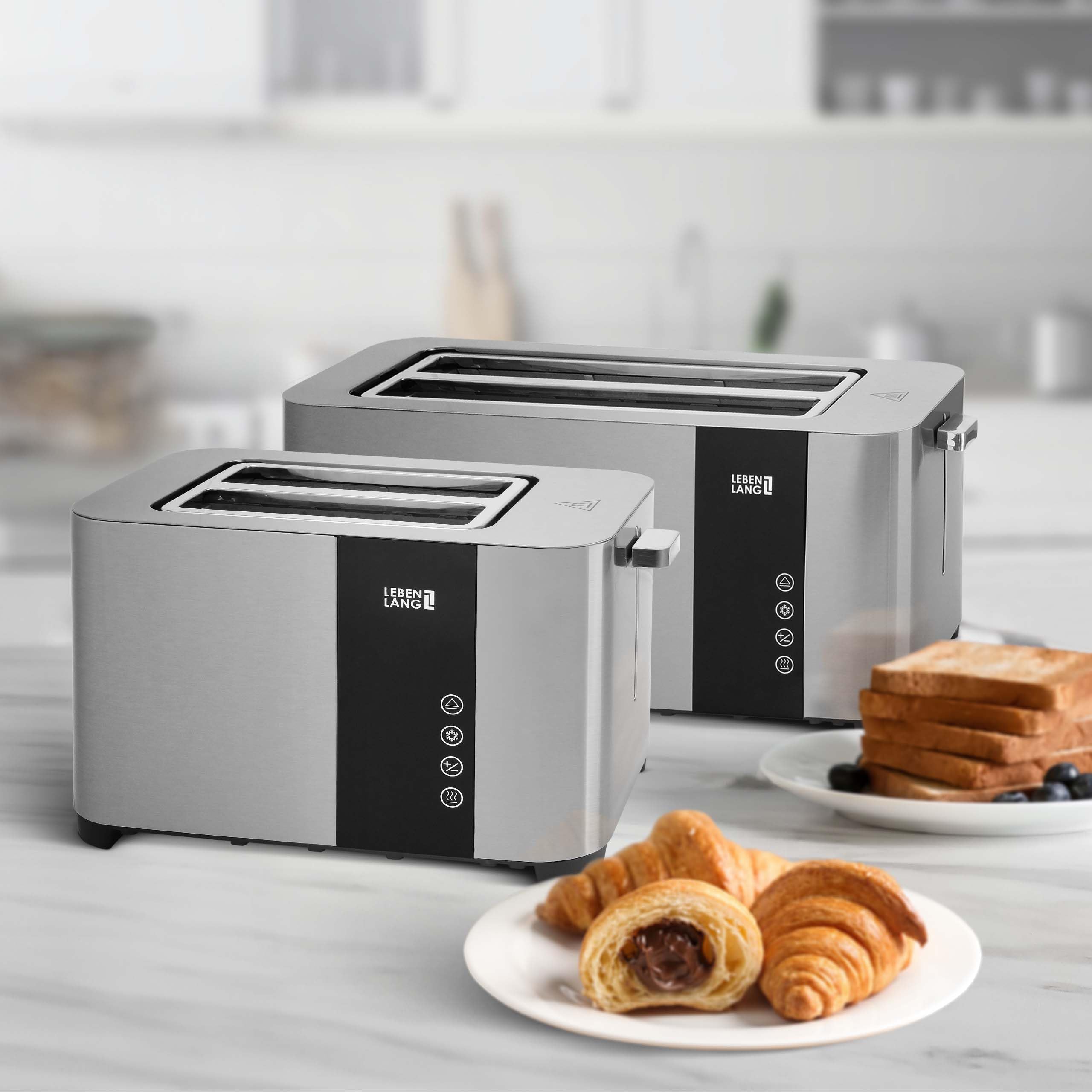 LEBENLANG Edelstahl Toaster mit Brötchenaufsatz 2 Scheiben - Touchscreen LED Display & 7 Stufen I 850W 2er Toster mit Display I Für Küche Haushalt & Camping Campingtoaster I Bread Toasters