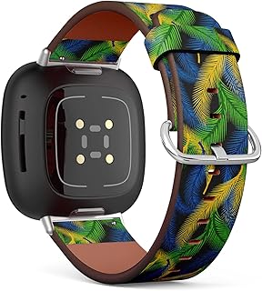 CJBROES Replacement Leather Watch Band, Compatible with Fitbit Versa 3 and Fitbit Sense of Wristband Bracelet Accessory - Brazilian Feathers Ethnic Color
