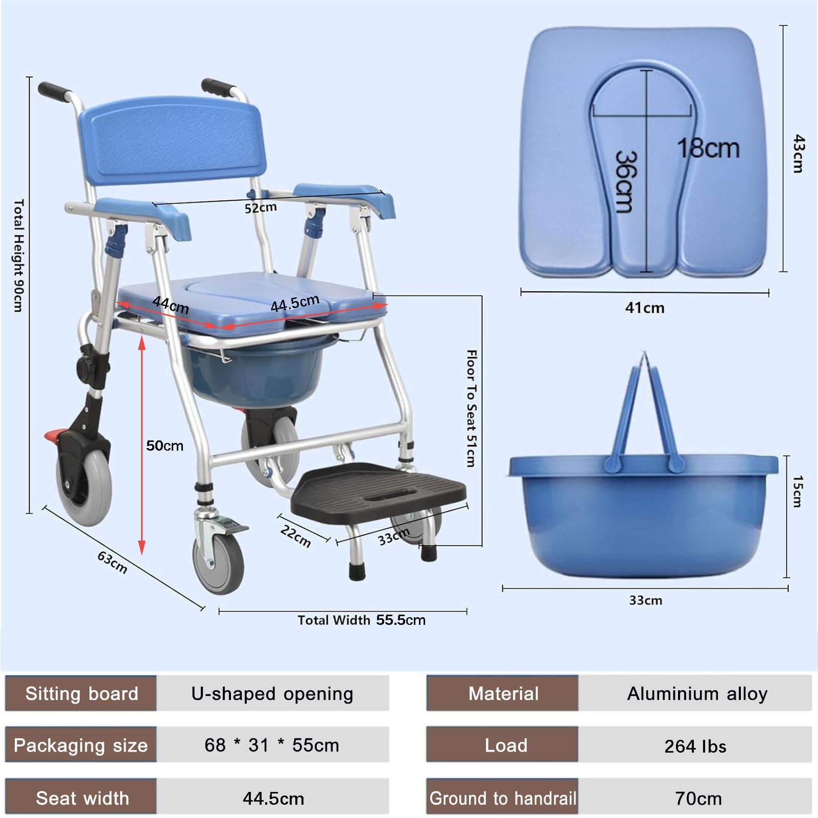 Silla Ducha WC con Ruedas y Pies Abatibles, Silla WC Portátil para Personas Mayores, 4 en 1 Silla con Inodoro Incorporado, Silla de Ruedas Ducha - Silla de baño geriatrica