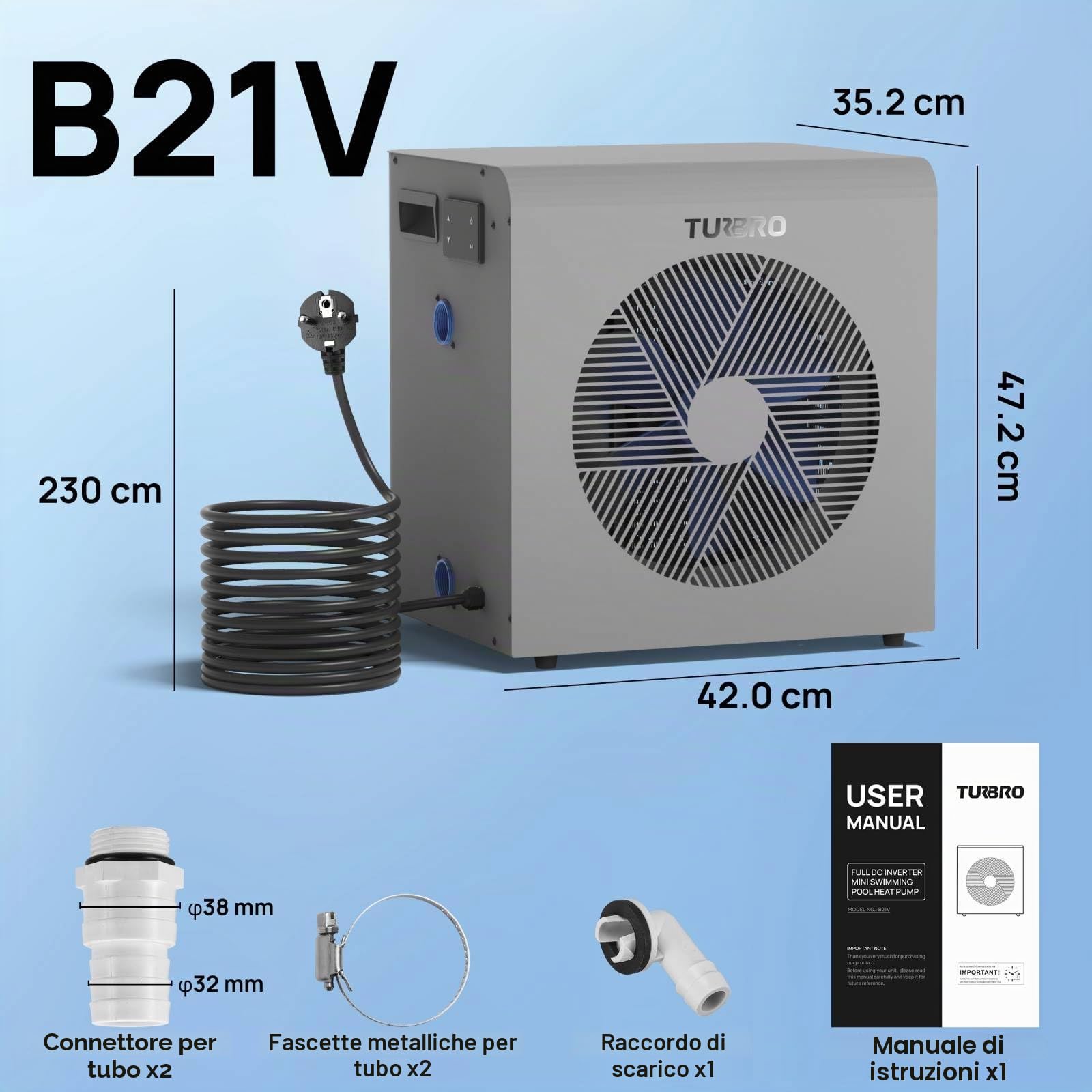 TURBRO Pompa di Calore Piscina, 6000W Inverter | Scambiatore in Titanio, COP 9,38, Piscine Fino a 20m³, IPX4, Timer, Stagione Balneare Prolungata