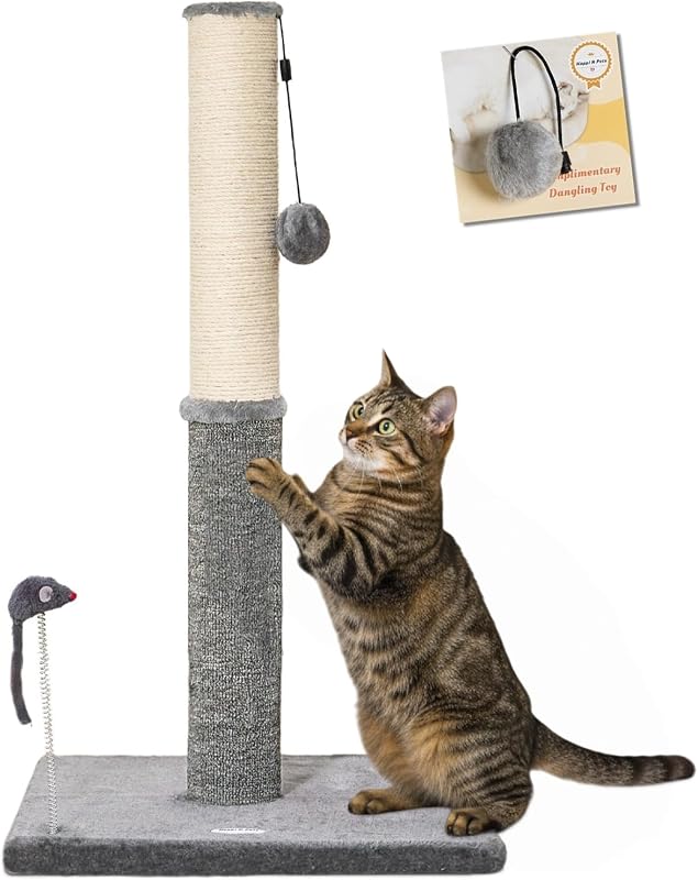 Tall Cat Scratching Post, Cat Scratchers for Indoor Cats | 29.5" Tall For Large Cats, Sisal & Carpet In One For Various Scratching Needs, Solid Structure, Extra Free Toy, Light Gray