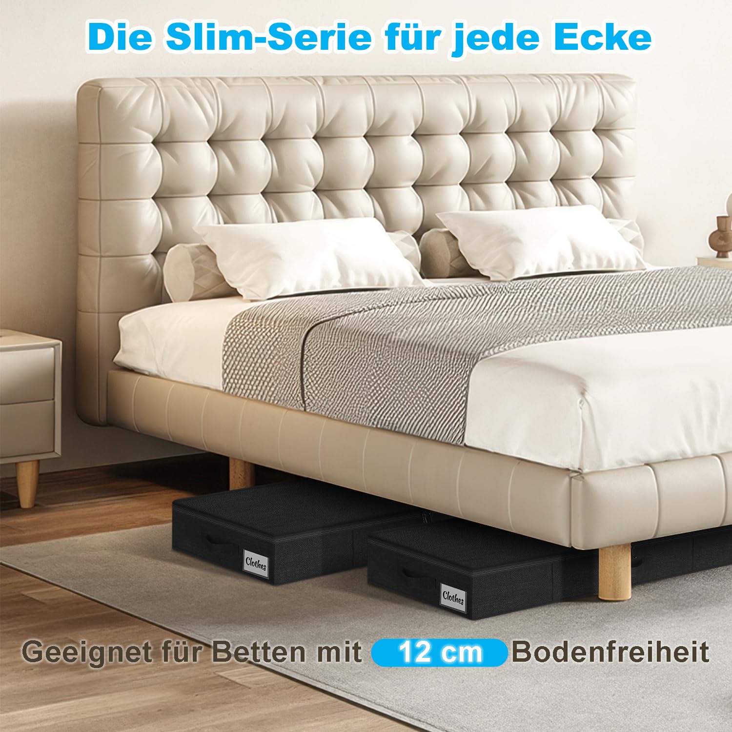 Contenitore sotto il letto, con coperchio, altezza 12 cm, 4 pezzi, pieghevole, lavabile, con 3 maniglie, coperchio con cerniera, per vestiti, coperte