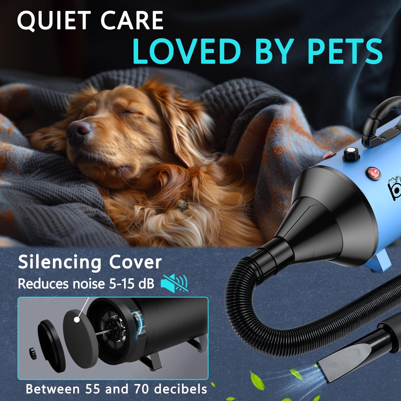 Secador de Pelo de Perro Blaster 3800 W/5.2 HP, secador de Pelo para Mascotas, Calentador de Temperatura de bajo Ruido con 4 boquillas Diferentes y Cepillo de Aseo para Mascota