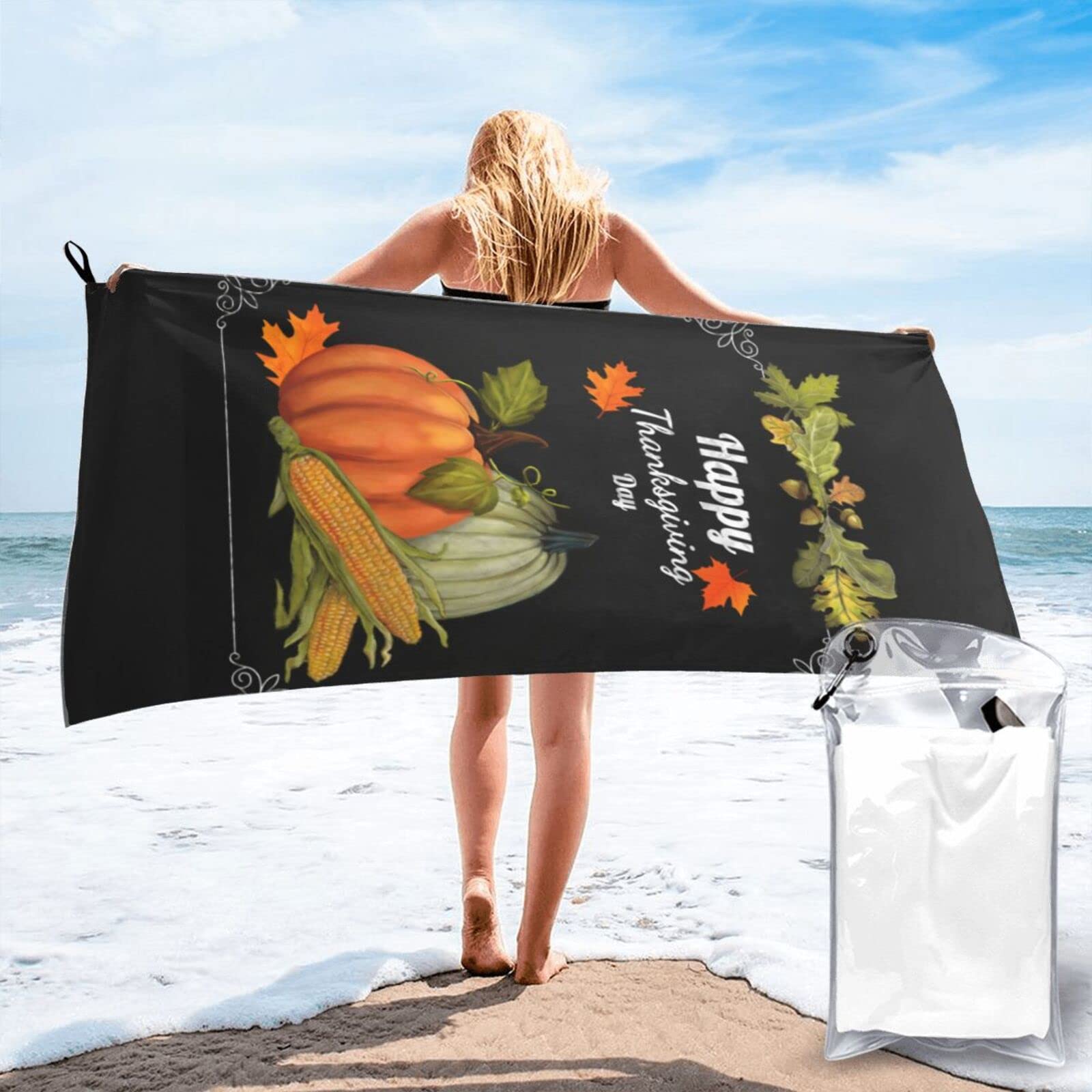 Lawenp Happy Thanksgiving Day Microfiber Beach Towel Adults Large Quick Drying Bath Towel Travel Towels with Pouch 31.5"x63"