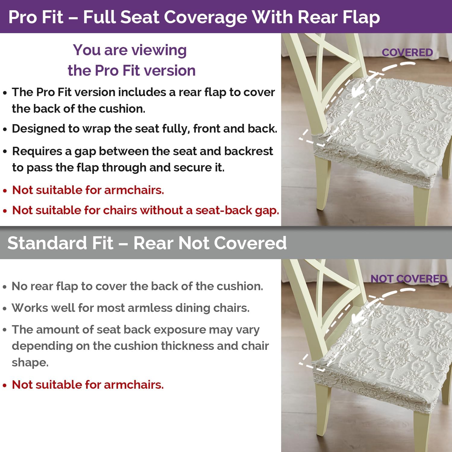 Pro Fit Dining Chair Seat Covers (Off-White, Set of 2) – Embossed Stretch Slip Covers with Rear Flap and Raised Jacquard Design, Elastic Seat Protectors, Machine Washable for Kitchen Chairs