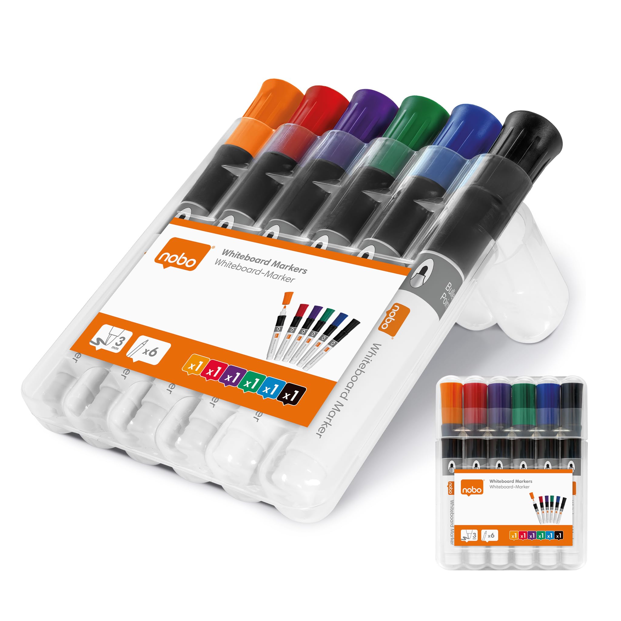 Nobo Whiteboard Markers – Pack of 6 Assorted Colour Dry Wipe Pens with 2-3mm Bullet Tip & Low Odour Ink in Sturdy Plastic Case with Secure Closure – Suitable for Home, Office & School Use