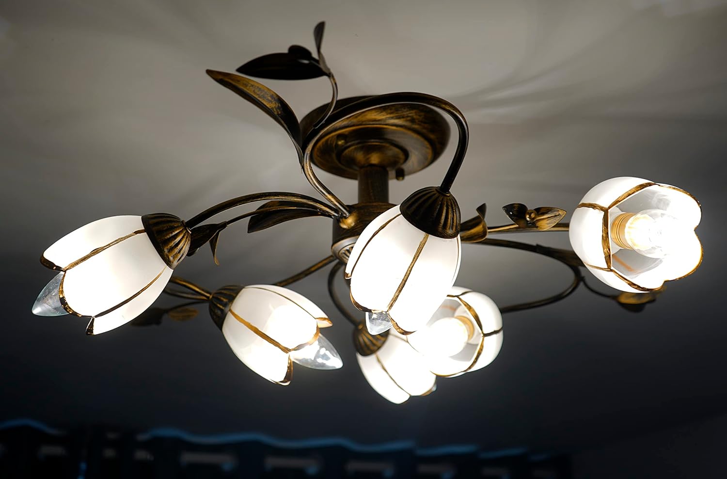 Flower Semi Flush Mount Ceiling Light, Rustic Ceiling Fixture with Frosted Glass Shade, Sputnik Chandelier for Kitchen Bedroom (6 Lights)