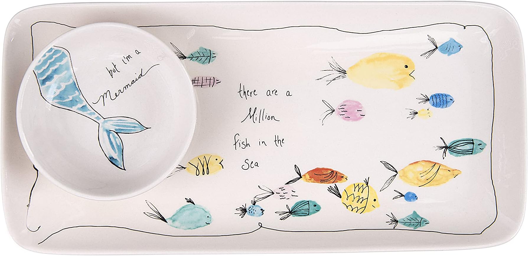 Creative Co-Op Rectangle Stoneware Plate with Fish Images and Matching Bowl