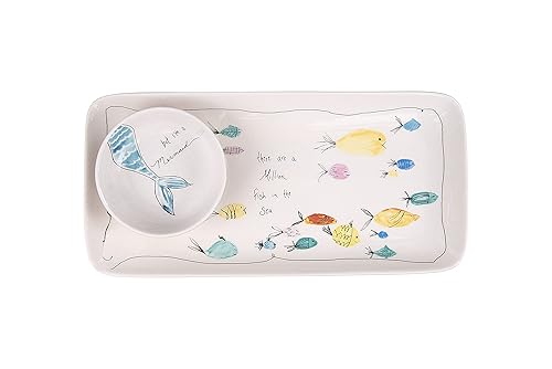 Creative Co-Op Rectangle Stoneware Plate with Fish Images and Matching