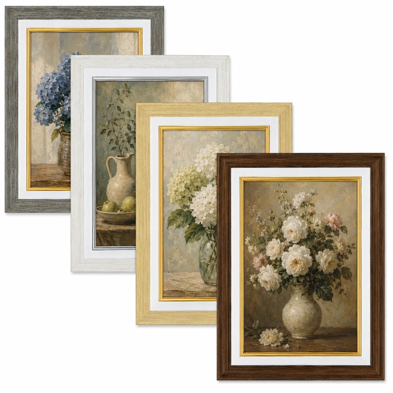 4 Pack Vintage Picture Frame Set - A4 Farmhouse Style Photo Frame for Tabletop or Wall Hanging, Certificate Frame for Work, Home Office Living Room Decor (White, Coffee,Wood Brown,Green)