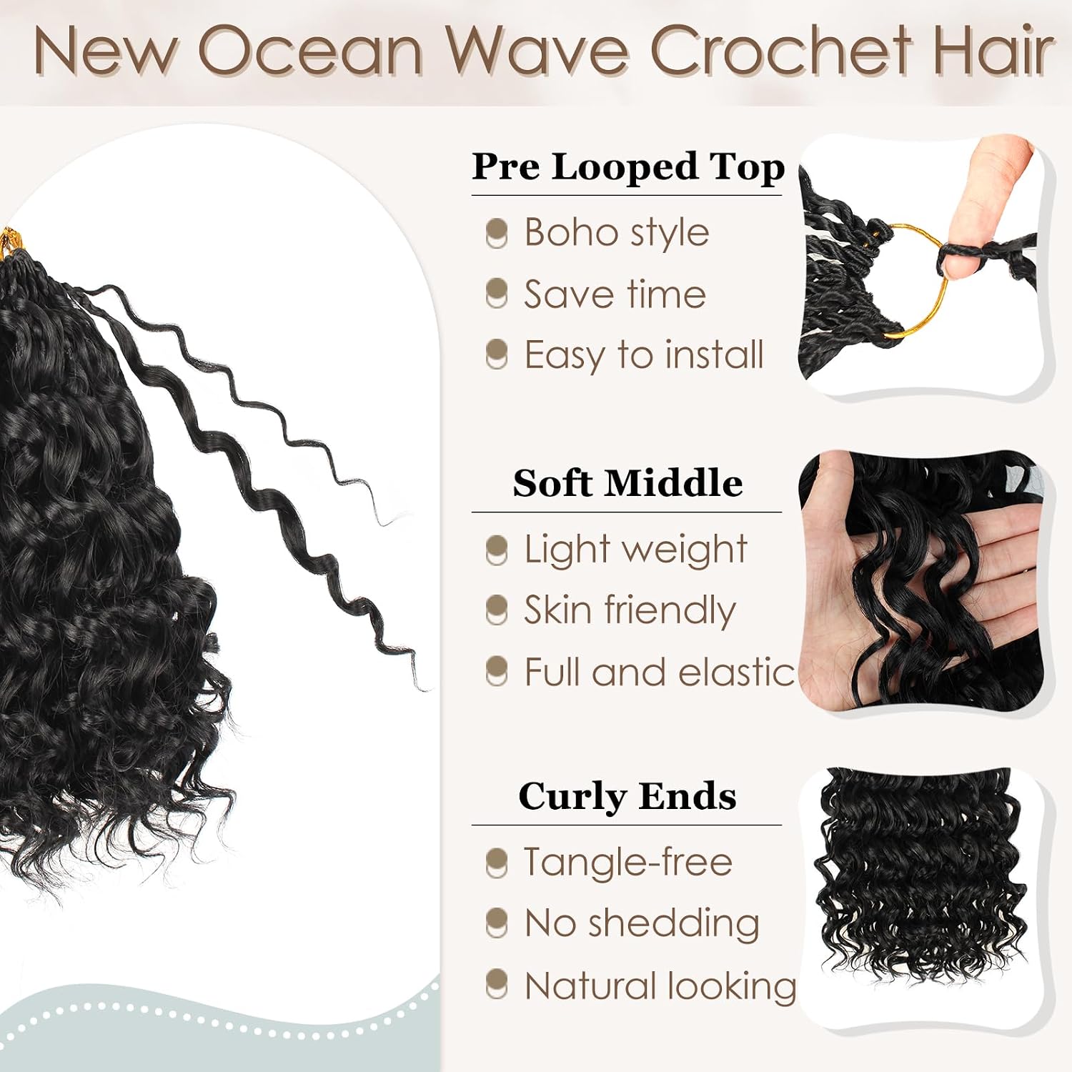 Pre Looped Ocean Wave Crochet Hair 10 Inch 8 Packs Black Boho Ocean Deep Water Wave Beach Curl Braiding Hair Pre Twisted Synthetic Short Wavy Curly Crochet Hair for Women(10inch 1B)