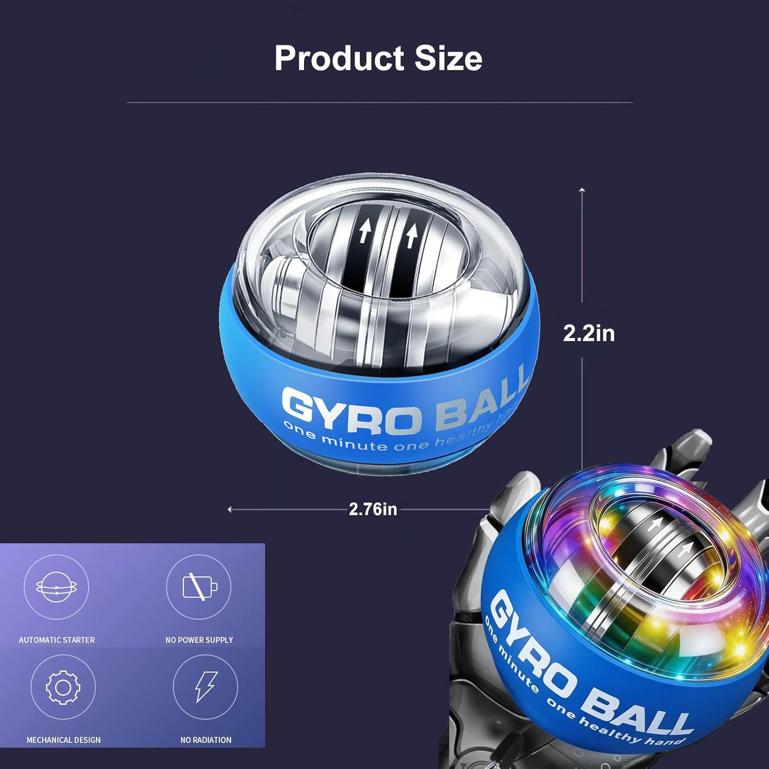2026 New Auto-Start Power Gyro Ball, Hand Wrist Forearm Trainer and Strengthener, Torque Balls Hand Exerciser with Led Light (with Ball Bag) (Blue)