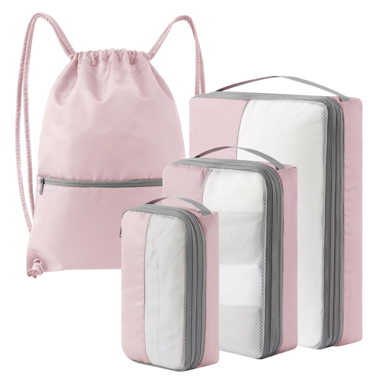 Kookoomia 4 Set Compression Packing Cubes for Travel, Bonus Versatile Drawstring Backpack, Lightweight Luggage Organizer Bags, Sturdy Travel
