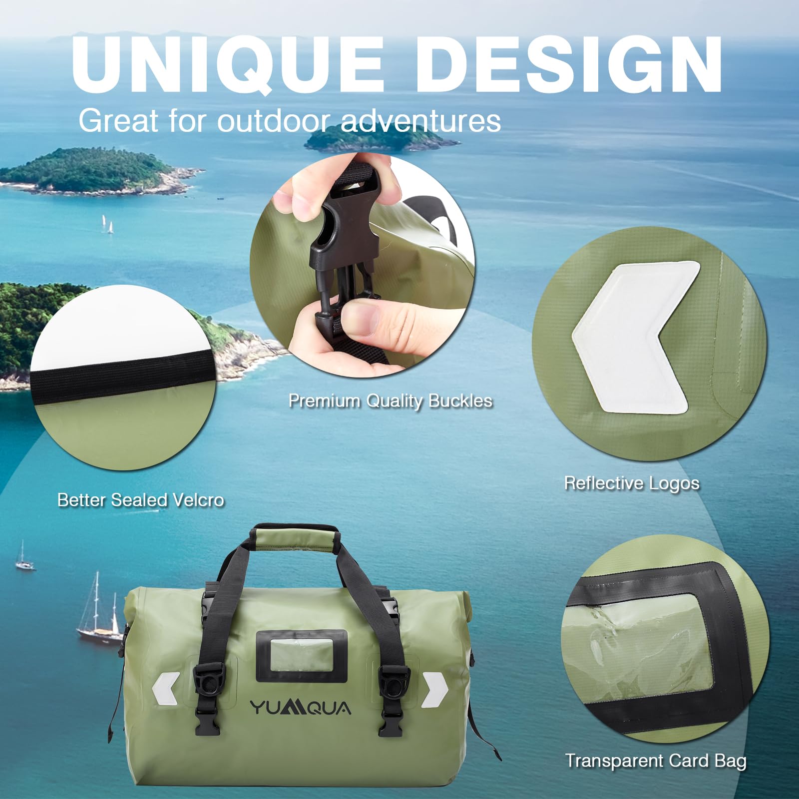 YUMQUA Bolsa de lona impermeable grande para motocicleta al aire libre, Verde militar-40L, 40L, Bolsa de lona impermeable | Bolsa de lona impermeable de PVC 500D con correa de hombro para barco, kayak, tabla de remo, pesca, camping