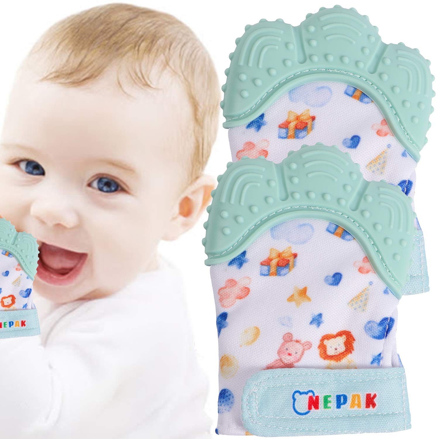 NEPAK 2 Pcs Teething Mitten,Soothing Infant Teething Mitten with Adjustable Strap,with Hygienic Travel Bag(Cartoon Puppet,Mint Colours)