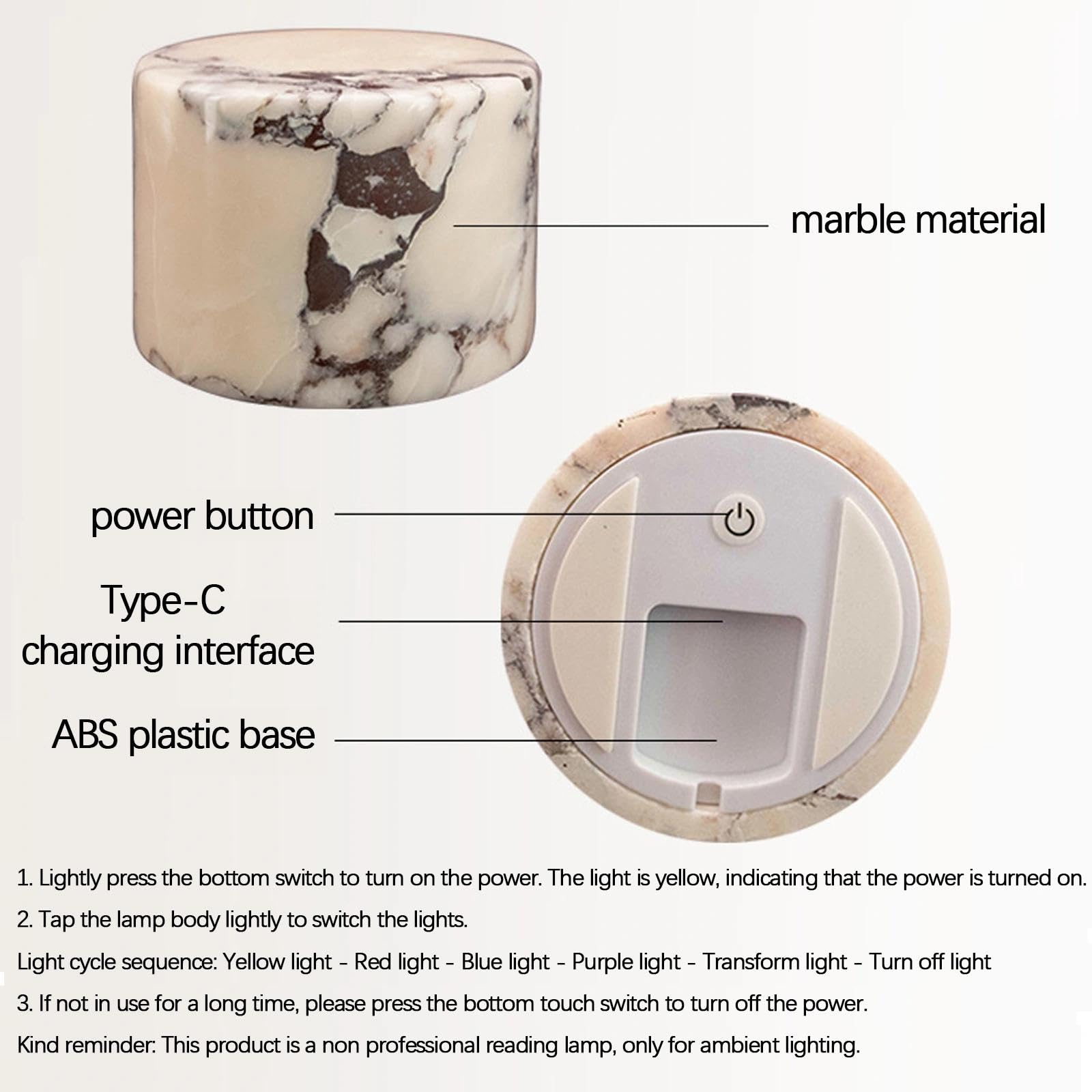 marmor-nachtlicht mit touch-steuerung,marble light,marmor lampe touch,Wiederaufladbare Stein Tischlampe mit Mehrfarbige Lichtmodi,Modern LED Tischleuchte Kabellos für Schlafzimmer Wohnzimmer(A)