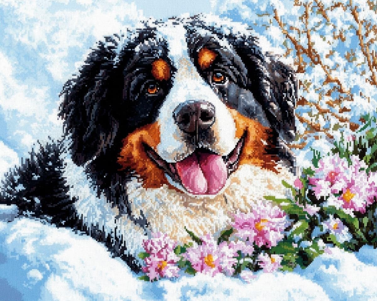 AxiangziK Beginner Cross Stitch Embroidery Kit,Bernese Mountain Dogs in the Snow 12x16in Easy Pre-Sew Printed Needlepoint Kit,Relaxing DIY Art Craft Supplies for Adults Family Bedroom Decor