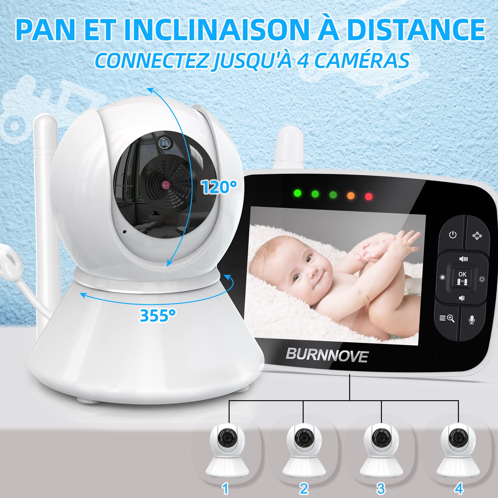 BURNNOVE Babyphone Camera Bébé 3,5 Pouces 720P PTZ ECO sans WiFi | Vision nocturne, caméra orientable 355°/120°, zoom 2X, audio bidirectionnel, température, 4 berceuses, 3 rappels