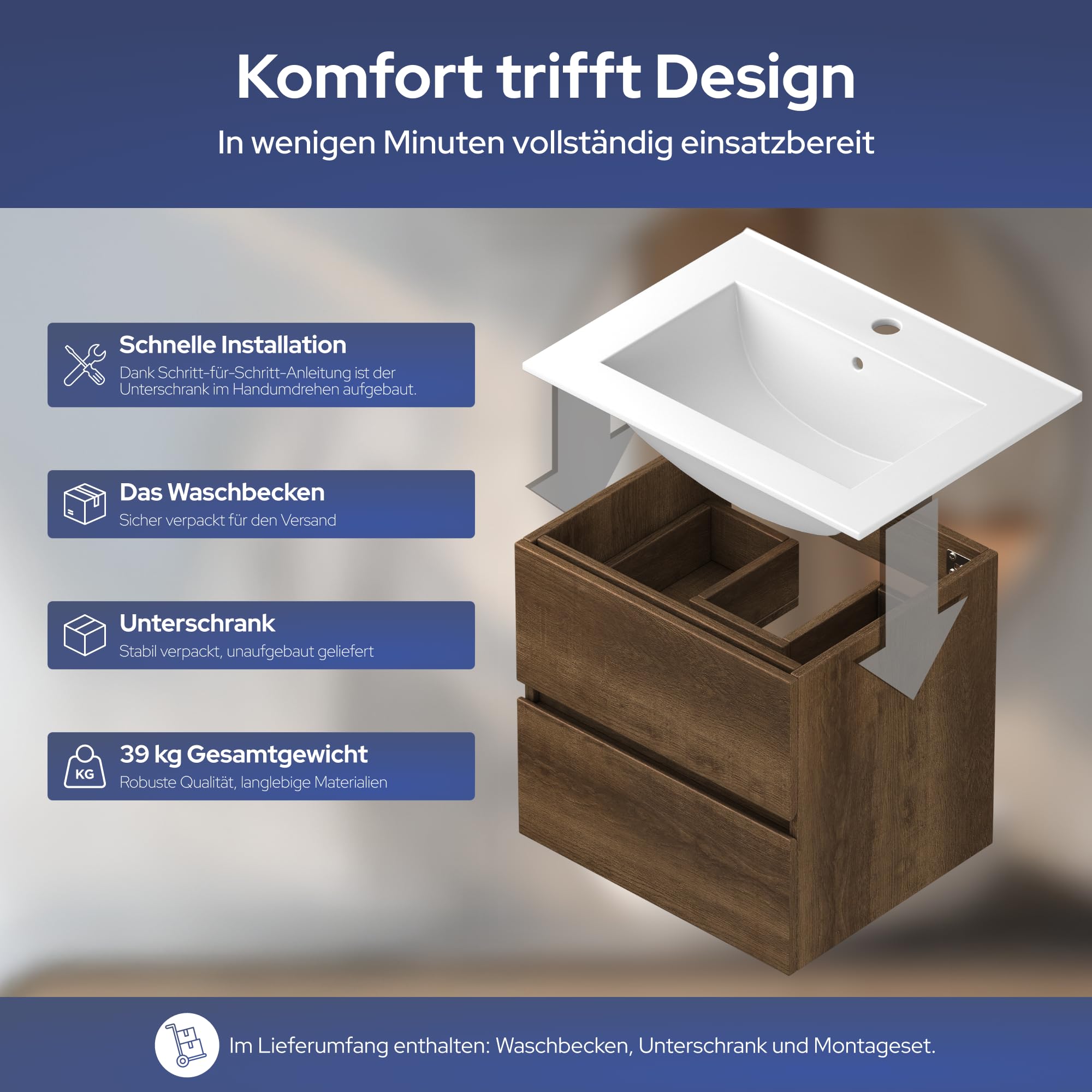 VILSTEIN Waschbecken mit Unterschrank – Set 60 cm Dunkelbraun – Waschbeckenunterschrank [Soft-Close SCHUBLADEN] & Keramik-Waschbecken – Modernes Badezimmermöbel aus feuchtigkeitsbeständigem Material
