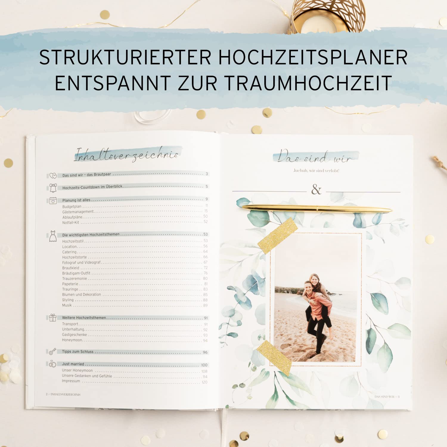 Hochzeitsplaner Buch Din A4 inkl. Roségold Prägung auf der Titelseite - Unser Weg zur Traumhochzeit -Wedding Planner – 120 Seiten für den großen Tag in Premium Papierqualität