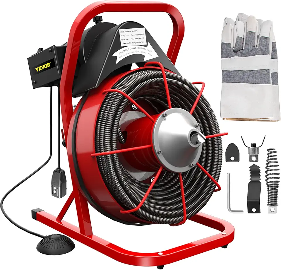 VEVOR Drain Cleaner Machine, 75 Ft x 3/8 Inch Drain Cleaning Machine Fits 2 to 4 Inch Pipes, Portable Drain Auger Cleaner with 4 Cutters, Electric Drain Clog Remover Plumbing Tool