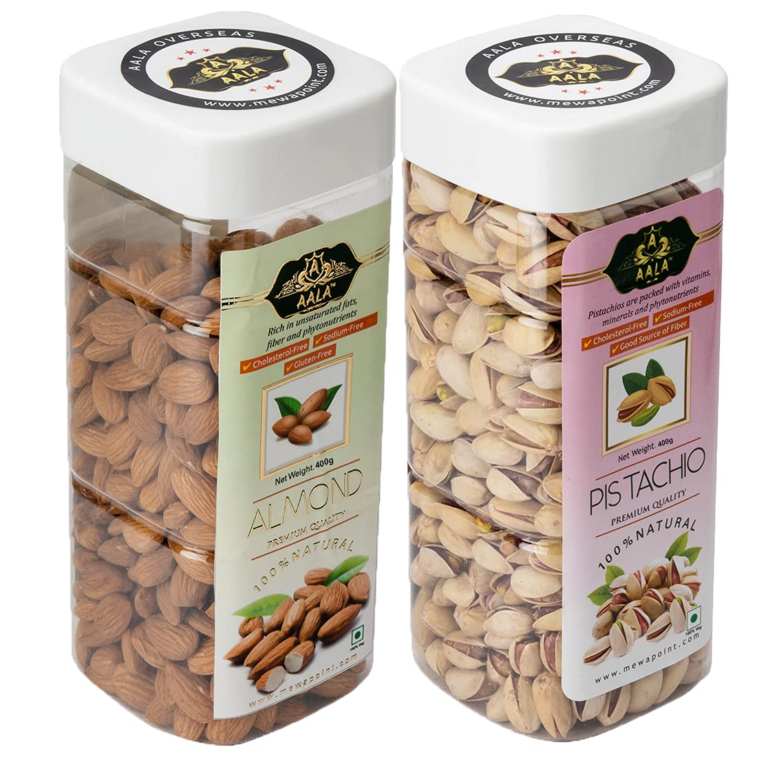 AALA Dry Fruits Combo of Almond Kernels | Badam Giri 400 Grams & Roasted Salted Pistachio Nuts | Pista 400 Grams Jar / Box (800gm, Pack of 2, 400 gm Each)