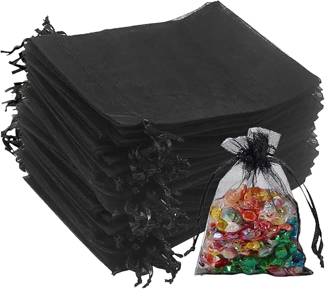 dogmoon 100Pcs Black Organza Gift Bags, 10x12cm Mesh Jewelry Pouches, Jewelry Gift Bags, Wedding Favor Bags with Drawstring for Wedding Christmas Birthday Anniversary(Black)