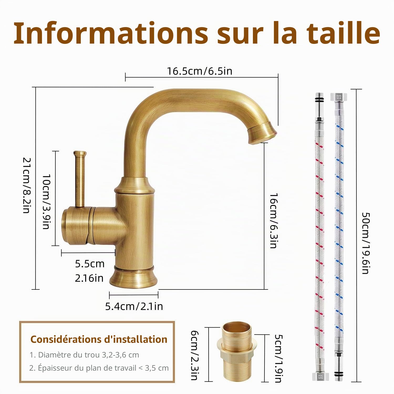 Rétro Robinet de Lavabo en Laiton Antique Pivoter à 360°