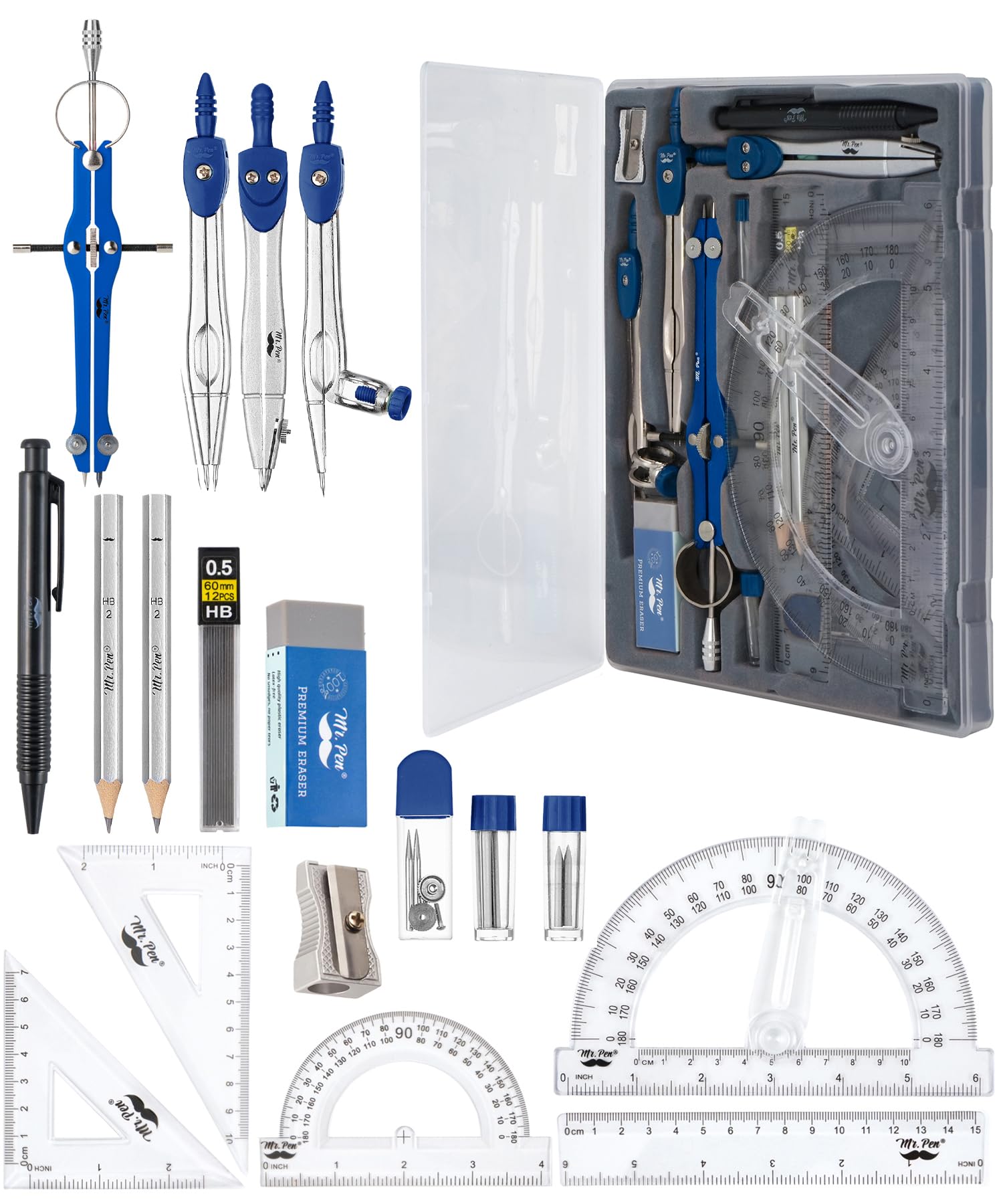 Mr. Pen- Geometry Set, 15 pcs, Navy Blue, 6 Inch Swing Arm Protractor, Divider, Set Squares, Ruler, Compasses and Protractor