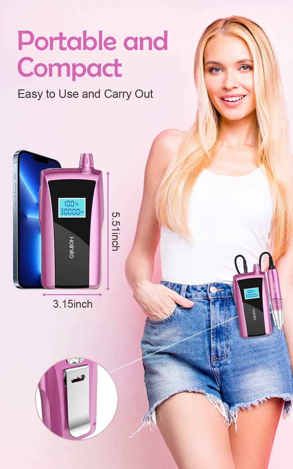 Electric Nail Drill Machine Rechargeable Nail Drill and Nail Dryer Electric Nail File Set with UV Lamp Cordless Nail File for Acrylic Gel Manicure Polishing Pedicure Pink