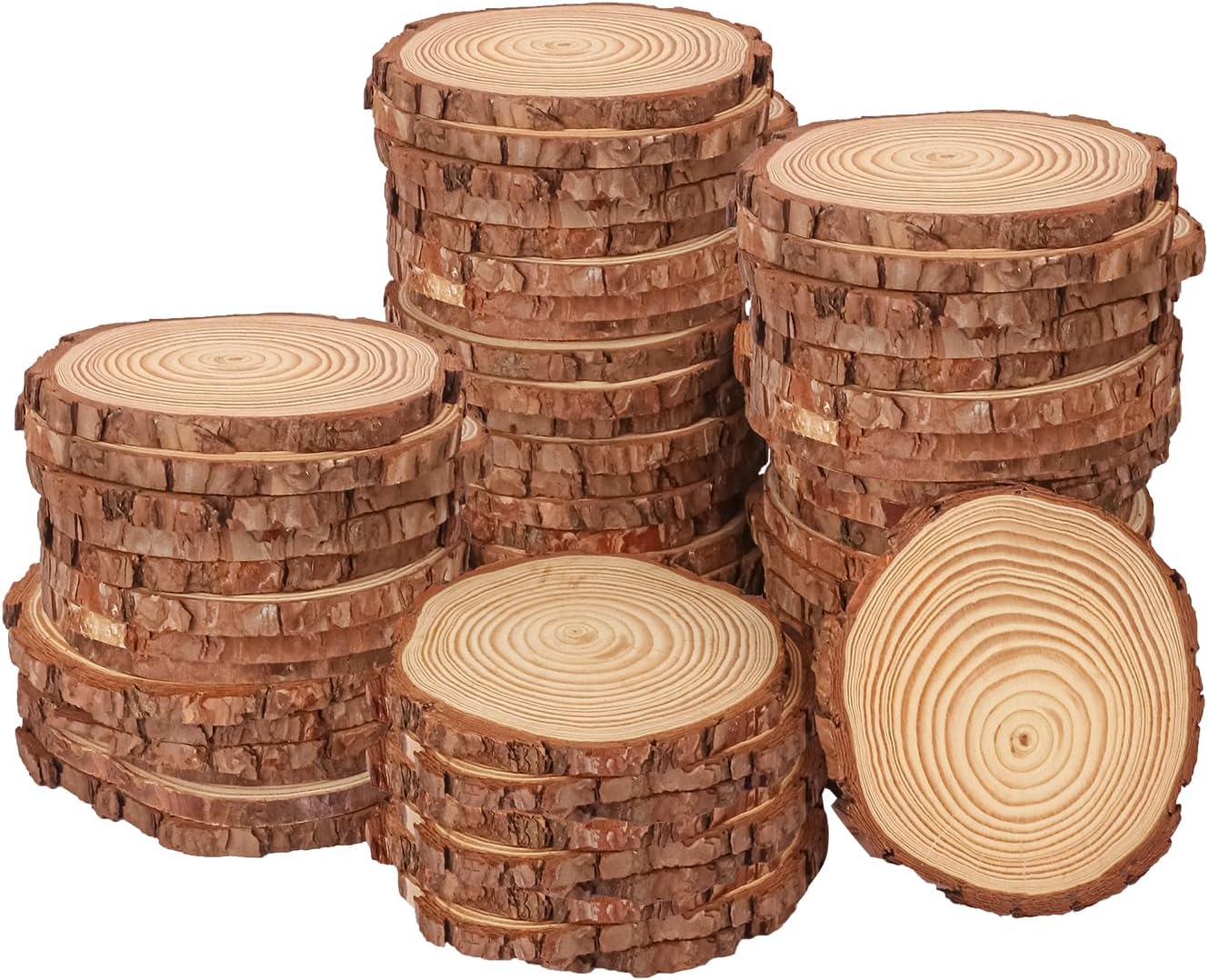66 PCS Unfinished Wood Slices for Centerpieces, 4.7-5.5 Inch Natural Wood Slices with Tree Bark Pine and Wood Rounds Discs for DIY Crafts, Centerpieces, Art & Decor