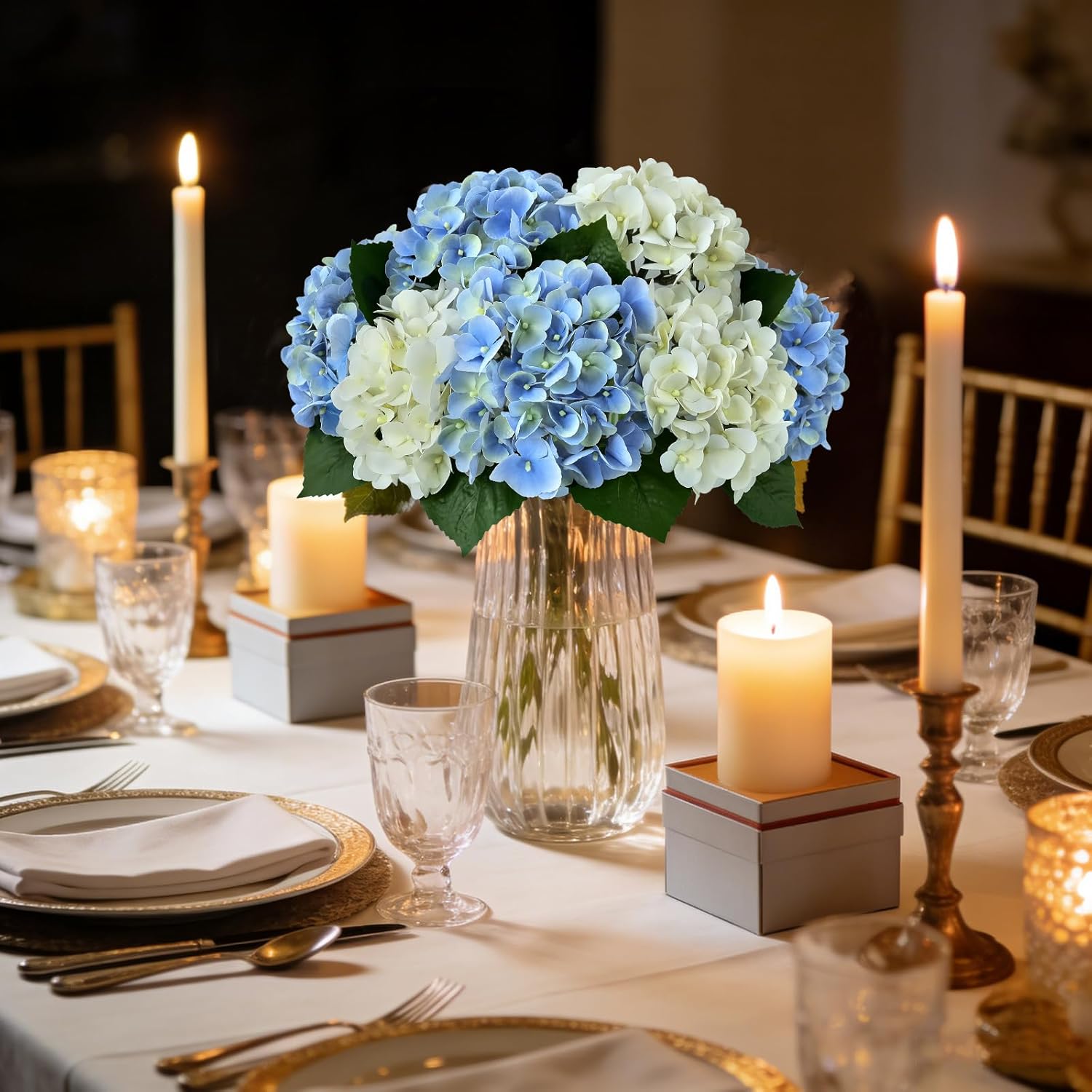 ZYTUYO 5PCS Blue Hydrangea Artificial Flowers Small Fake Latex Real Touch Hydrangeas Flowers with Stems Faux Silk Bouquet for Home Decor Table Wedding Party Outdoor Centerpieces