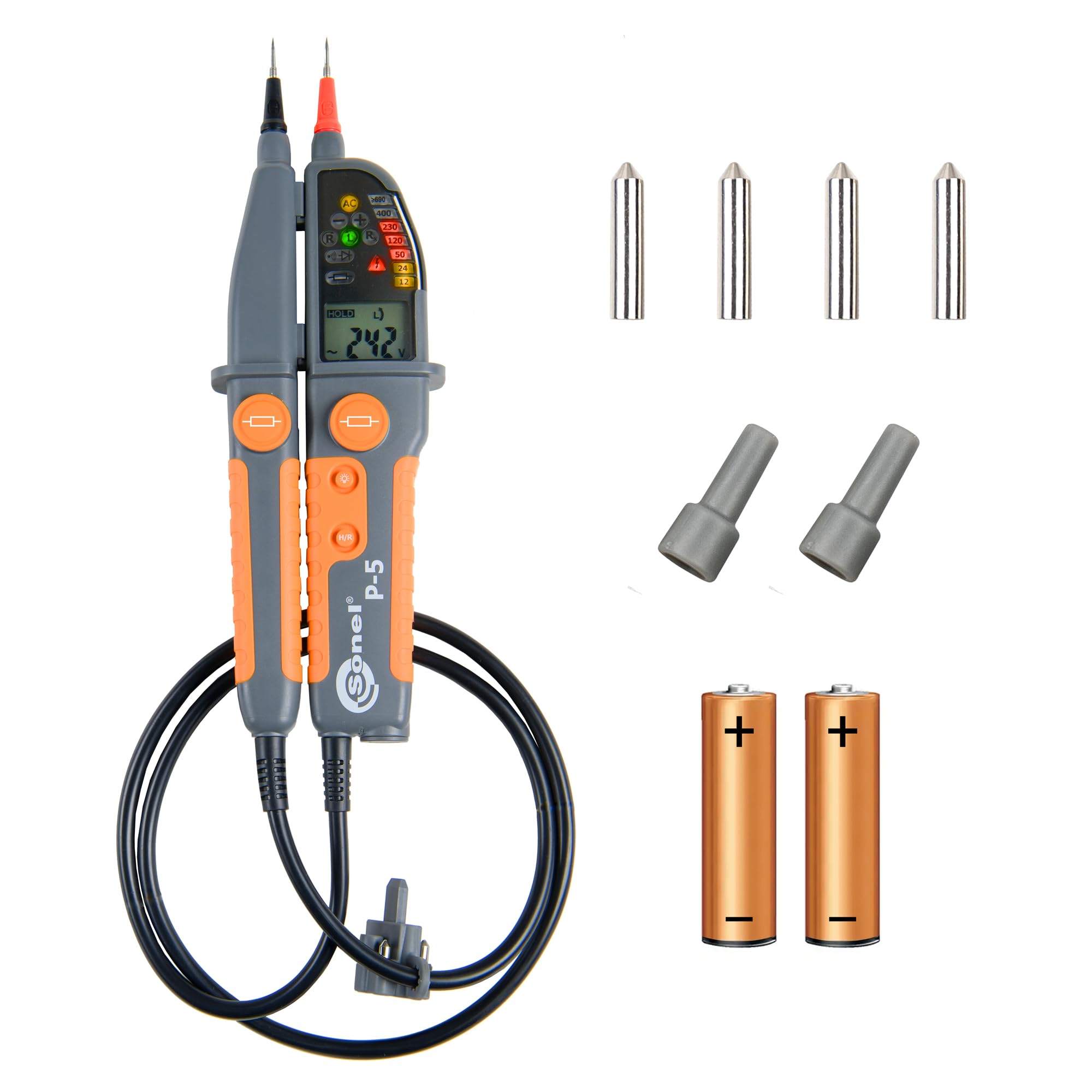 SONEL P-5 Indicateur de Tension Bipolaire Professionnel - Mesure Automatique AC/DC jusqu'à 1000 V, Alertes Sonores, Test RCD, Étanche IP65, Écran LCD avec Lampe Torche, CAT IV 600 V/CAT III 1000 V